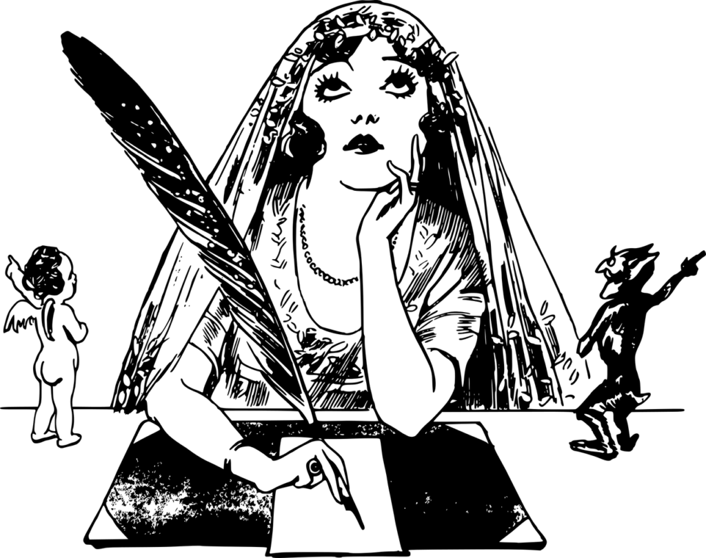 Woman writing with a devil and angel on her shoulder